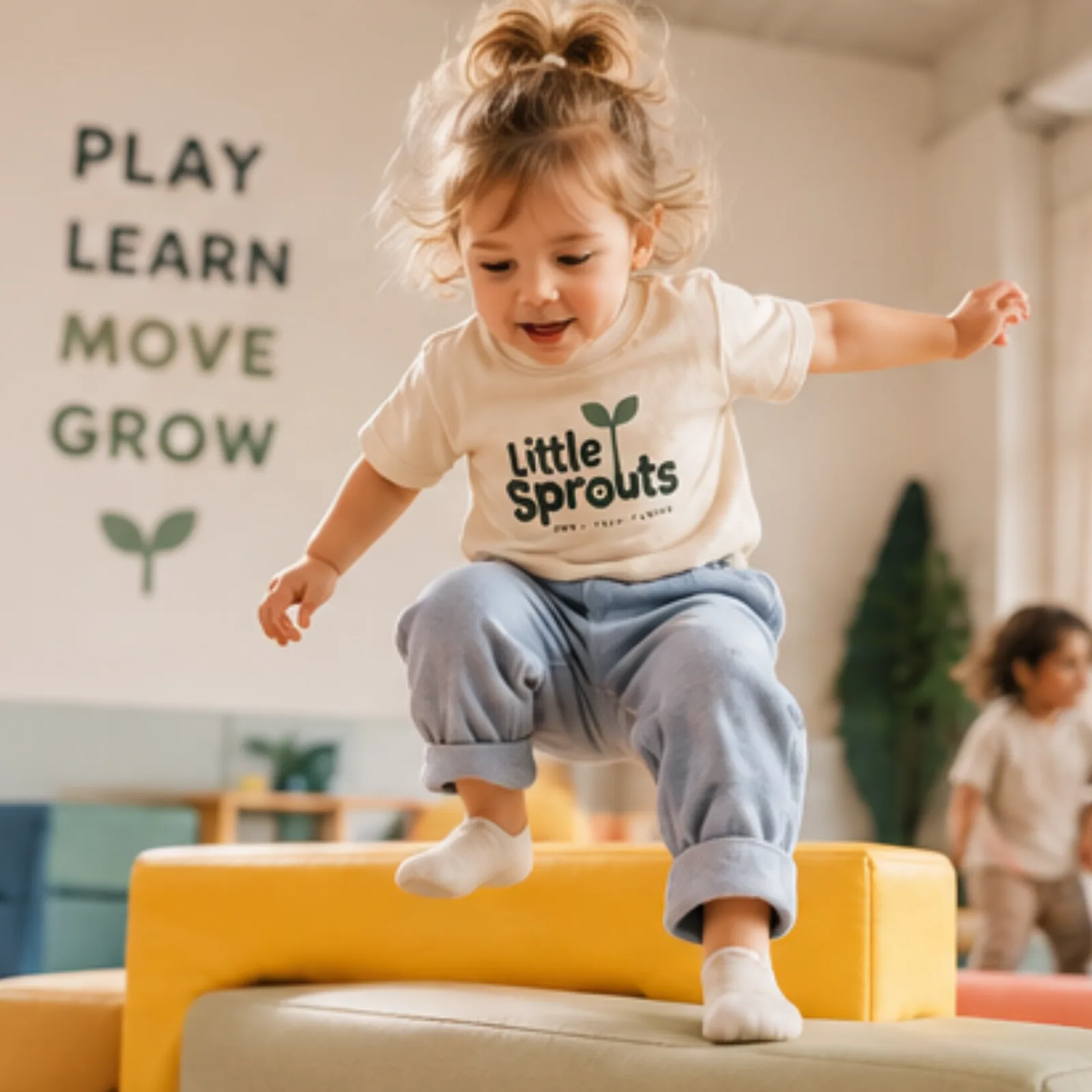 A toddler in a Little Sprouts t-shirt jumping across soft play blocks